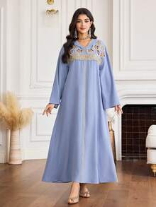 Al Najma Women's Floral Embroidery Hollow Out Dolman Sleeve Hooded Arabic Traditional Long Robe - Blue - View 3