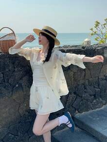 DAZY 两件套女式韩版杏色刺绣衬衫和短裤套装 - 杏色 - 查看 11