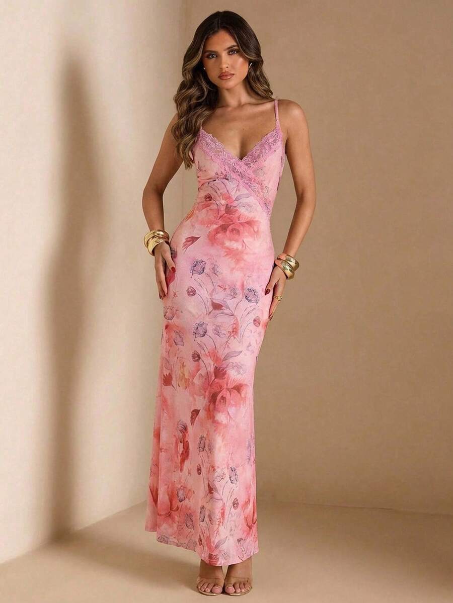 SHEIN BAE 女士优雅玫瑰印花蕾丝领拼接吊带连衣裙，适合约会、情人节、优雅性感、度假、派对、日常穿着 - 彩色 - 查看 1