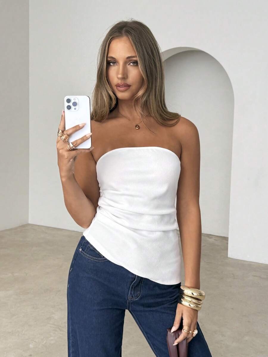 Elegant Women's Solid Color Asymmetrical Bandeau Top, Summer - trắng - Xem 1