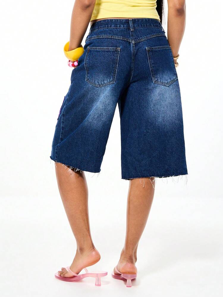 SUMWON Oversized Denim Shorts With Colorful Crochet Patches And Distressed Raw Hem For Summer Casual Wear