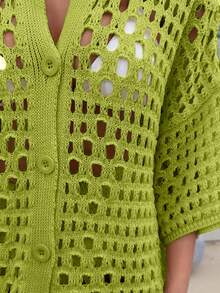 Women Hollow Out Cut Out Button Front Knit Shirt Top And Sweater Pant 2pcs Set Co-Ords Cover Up Beach Set - Green - View 8