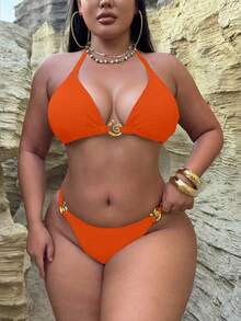 Swim SXY 大码女士露背闪亮纯色螺旋装饰吊带泳衣套装 橙色两件套 橙色比基尼套装 橙色泳衣 女士纯色比基尼套装 橙色泳装 - 橘色 - 查看 4