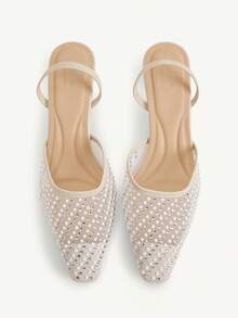 CUCCOO CHICEST Women's New Square Toe Mid-Heel Mesh & Rhinestone Elegant Party Ankle Strap Pumps - Beige - View 1