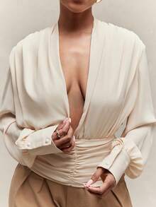 Vixey Chiffon Plunge Neck Gathered Waist Long Sleeve Top With Lining - Khaki - View 4