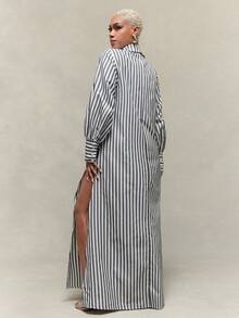 Stripe Oversized Balloon Long Sleeve Button Down Shirt Dress - Black and White - View 4