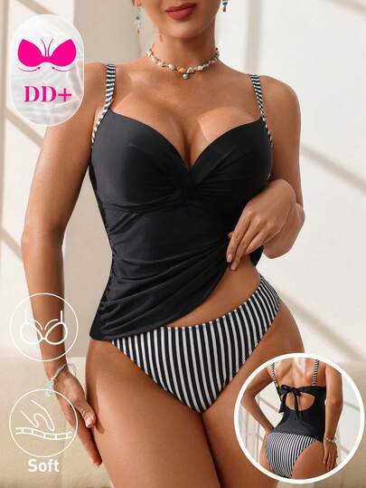 Swim DD+ Women's Striped Adjustable Spaghetti Strap Criss-Cross Back Tie Triangle Tankini Tankini Swimwear Set