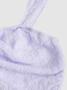 Sweetra Áo croptop không tay cổ tim thanh lịch với nơ ren và họa tiết in. - Màu tím hoa cà - Xem 4