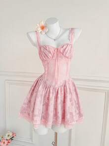 Elamini Women's Sweet & Cute Casual Fashion Everyday Versatile Sleeveless Lace Patchwork Waist Cinched Hollow Out Mini Dress, Spring/Summer - Pink - View 7