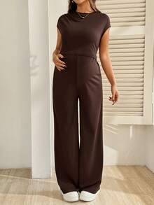 SHEIN Maternity Clothes Maternity Co Ord Summer Pregnant Clothes Brown Two-Piece Set Highly Elastic Casual - Brown - View 3
