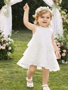 SHEIN Babygirl Elegant & Cute White Textured Sleeveless Loose Summer Dress Baby Girl Lace White Dress White Flower Girl Dress Toddler Girl Elegant Dress White Dress White Flower Dress Baby Girl Lace Dress Flower Lace Dress Baby Girl White Dress - Apricot - View 6