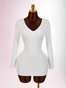 Amplova Women's Backless Bowknot Mini Long Sleeve Dress, Red Sexy Sweater Suitable For Dates, Valentine's Day Parties, Casual Everyday Wear White Bow Dress White Sexy Outfit White Dress Long Sleeve White Club Dress Summer Clothes Women - White - View 2