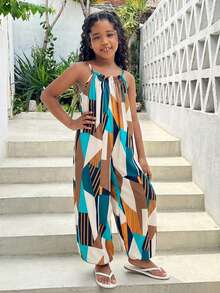 少女休闲夏季度假风宽松热带植物印花吊带连体裤夏季灯笼裤夏威夷风连体裤 - 彩色 - 查看 4