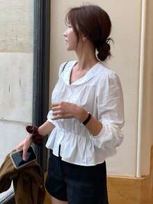 DAZY 女士优雅刺绣修身长袖衬衫，春季款 - 白色 - 查看 3