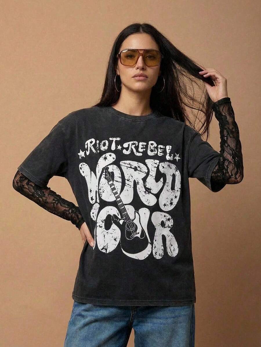 SURIMA 女士夏季撞色蕾丝标语吉他印花圆领T恤 - 黑色 - 查看 1