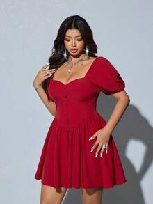 Viva Relle Plus Size Women Elegant Solid Color Ruffle Collar Puff Sleeve Waist Cinched Midi Dress - Burgundy - View 5