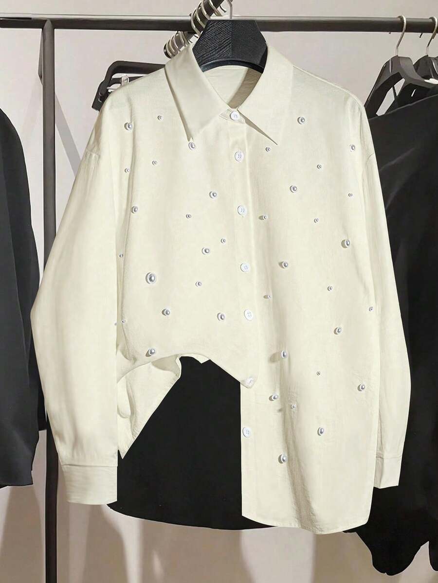 GlowEve CURVE Plus Size Women Elegant Pearl Beaded Decor Contrast Color Blouse, Suitable For Back To School, Graduation, Valentine's Day, Music Festival, Mother's Day, Halloween, Thanksgiving, Easter, National Day, Prom, Date Party, Wedding Season, Outdoor Activities Modest Shirts Pearl Shirt Shirts Y2k Collared Shirt Spring Shirts French Style Blouse Women's Shirts For Summer Women's Work Tops Women's Tops And Blouses Working Blouse - Apricot - View 1