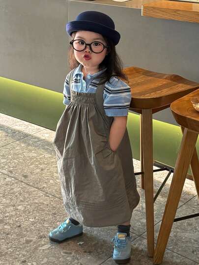 DAZY Baby Girl Casual Loose Slant Pocket Korean Style Layered Dress, Summer