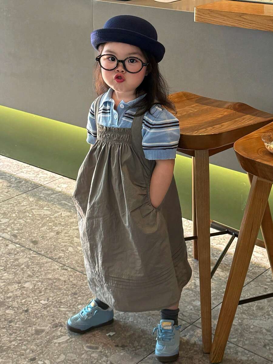 DAZY 女婴休闲宽松斜插口袋韩版叠层连衣裙，夏季 - 灰色 - 查看 1