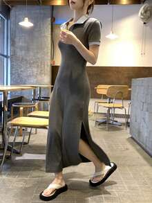Đầm midi tay ngắn cổ polo dành cho nữ, đầm midi ôm sát eo thon. - Xám - Xem 4