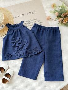 SHEIN LMoss Kids 2件套女婴梭织纯色无袖休闲上衣和打底裤套装 - 藍色 - 查看 5