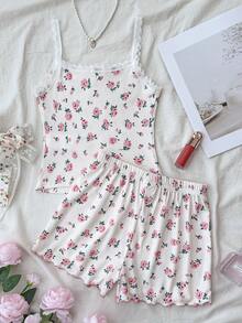 SHEIN Bộ đồ ngủ trẻ em Dozemod dành cho bé gái tuổi teen, in họa tiết hoa, viền nơ và áo hai dây, gồm áo hai dây và quần short, kiểu dáng thoải mái, ôm sát, 2 món, màu hồng. - Màu Hồng baby - Xem 2