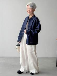 FRIFUL 女士立领口袋撞色缝线设计宽松休闲牛仔夹克外套 - 藍色 - 查看 2