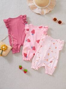 Souflis Souflis 3pcs Baby Girls Toddler Cute Sweet Pink Strawberry Floral Letter Print Ruffle Flutter Sleeve Soft Romper Jumpsuit Bodysuit One Piece Summer Outfits Clothes Set Casual Daily Playwear Vacation Gift Spring To Summer Essentials - Multicolor - View 2