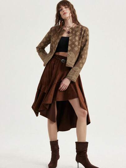 Aveloria Modichic Women's Geometric Print Embroidered Pattern Casual Versatile Commuting Long Sleeve Open Front Blazer