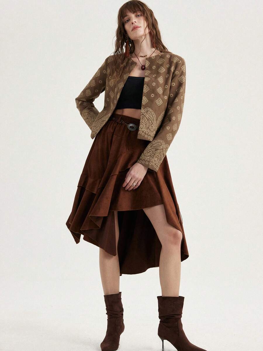 Aveloria Modichic Women's Geometric Print Embroidered Pattern Casual Versatile Commuting Long Sleeve Open Front Blazer - Multicolor - View 1