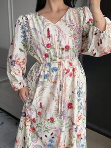 Dazy Plus Plus Size Women V-Neck Floral Print Elegant Waist Cinched Party Dress Sundress Boho Vacation Outfits Women - Multicolor - View 5