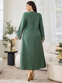 Al Najma Elegant Embroidered Trim Splice Long Sleeve Modest Plus Size Dress - Green - View 6