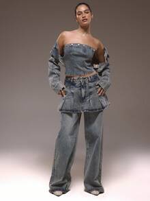 MUSERA 纽扣细节抹胸收腰牛仔上衣，冬季可爱街头风外出休闲西部风褪色款 - 藍色 - 查看 5