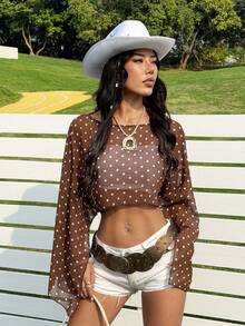 SHEIN EZwear Khaki Chiffon Polka Dot Women's Round Neck Slit Sleeve Cropped Shirt - Coffee Brown - View 4