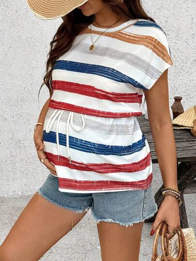 SHEIN Pregnant Women's Round Neck Color Block Knotted Waist Casual Versatile Daily Wear Dolman Sleeve T-Shirt