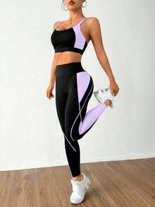 Eassivo Conjunto deportivo de top con capucha sin mangas y pantalones de yoga ajustados para mujer - Multicolor - Ver 7