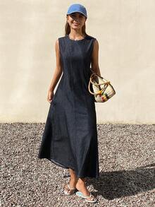 Livesso Sleeveless Denim Dress With Waist Seam For Women - Blue - View 4