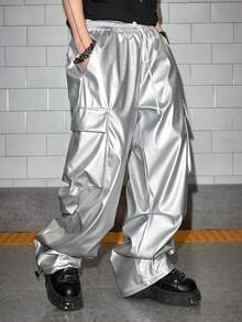 ROMWE MEN Street Life Men's Solid Color Minimalist Casual PU Leather Cargo Pants - Multicolor - View 1