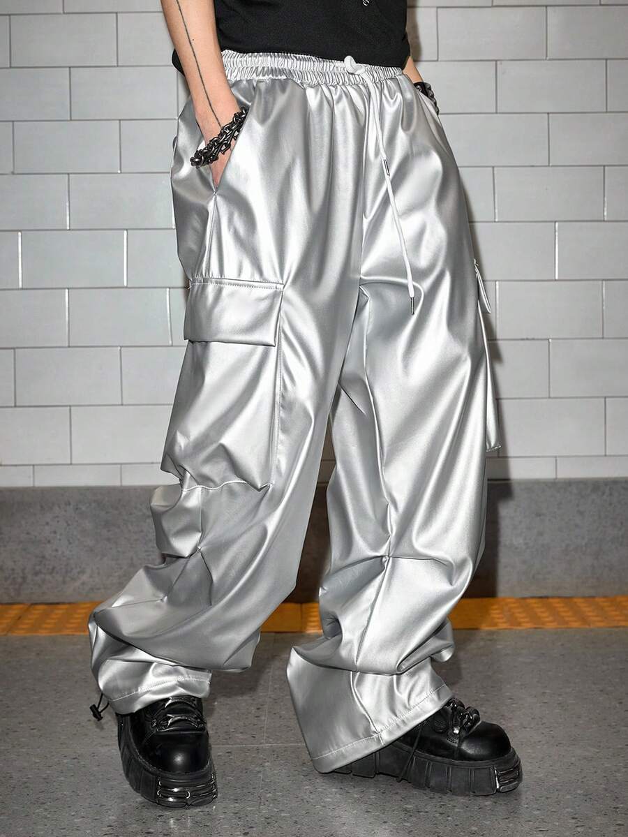 ROMWE MEN Street Life Men's Solid Color Minimalist Casual PU Leather Cargo Pants - Multicolor - View 1