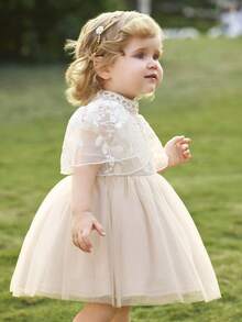 Cute Baby Girls Flared Long Dress With Puff Sleeves And Stand Collar Elegant Apricot Baby Dress - Apricot - View 6
