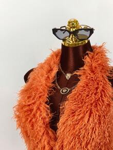 Amplova Wine Red Fluffy Halter Neck Sexy Bodysuit For Party - Orange - View 3