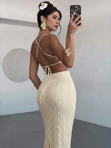 Firerie 女士白色提花串珠系带露背修身开衩连衣裙，性感度假连衣裙，春夏服装，沙滩装，通勤装，优雅，性感，度假，海滩，波西米亚风，夏威夷，音乐节，浪漫，约会装 - 米色 - 查看 5