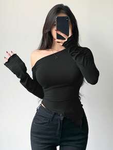 DAZY 女士斜肩露肩修身长袖休闲T恤外出上衣夏季 - 黑色 - 查看 2