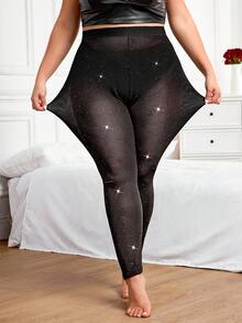 SHEIN CURVE+ CURVE PLUS /Dia dos Namorados/Calça Legging Plus Size Cor Sólida Brilhante e Transparente com Lantejoulas, Natal, Festa, Encontro, Namoro, Saída, Natal, Brilhante, Encontro, Saída, Elegante, Manga Longa, Casamento, Outono/Inverno, Natal, Ano Novo, Ação de Graças, Festa, Casamento, Elegante, Casual, Saída, Encontro, Encontro, Deslocamento, Meia-calça - Preto - Ver 4