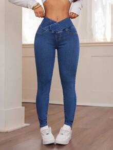 SHEIN PETITE 女士秋冬返校季万圣节圣诞节Y2K可爱运动街头风生日俱乐部机场休闲水洗重叠腰部修身蓝色牛仔裤高腰弹力紧身牛仔裤 - 完美贴合日常穿着的休闲蓝色牛仔紧身牛仔裤，采用柔软面料和显瘦的高腰设计 - 中等水洗藍 - 查看 3