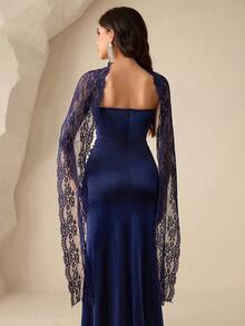 Coutiva Women's Elegant Ruffle Contrast Lace Formal Evening Gown (Heavily Embellished) - Navy Blue - View 3