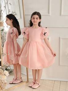 Glamorique Kids 小女孩夏季粉色泡泡袖网纱连衣裙，带蝴蝶结，可爱公主蓬蓬裙 - 粉色 - 查看 6