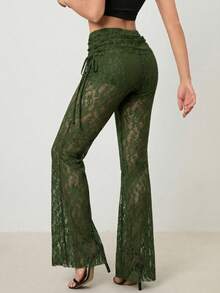 SHEIN Tall Women's Retro Side Drawstring Street Fashion Slim Fit Lace Flared Pants See Through Pants - Dark Green - View 3