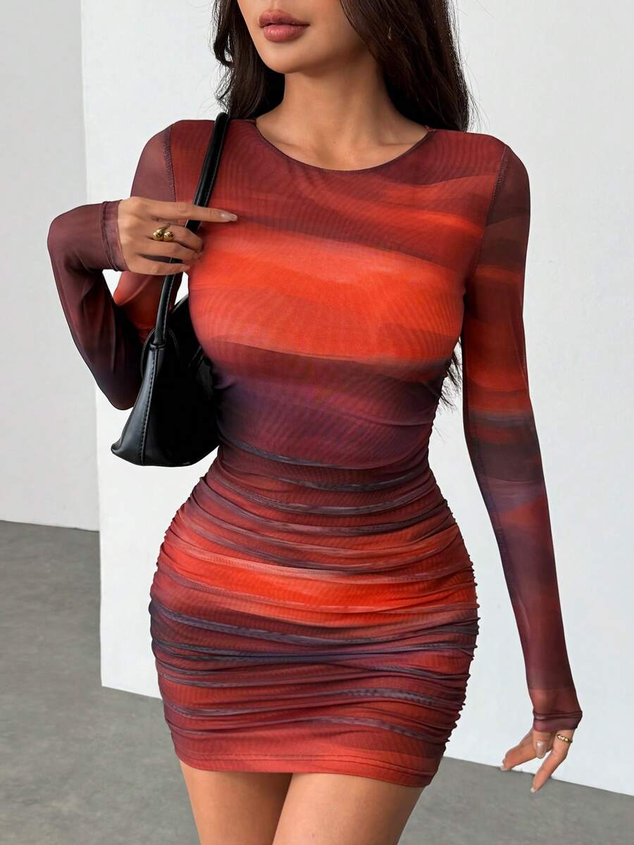 SHEIN PETITE Đầm mini ôm sát gợi cảm in họa tiết tie-dye bằng vải lưới dành cho nữ. - Màu Đỏ Sâu - Xem 1