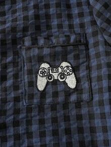 Setelan Celana Pendek Lengan Pendek Kasual Kotak-kotak 2 Potong untuk Anak Laki-laki, Pola Kotak-kotak Biru & Hitam dengan Logo Game Bordir, Pakaian Santai Musim Panas yang Longgar dan Nyaman - Navy Blue - View 8